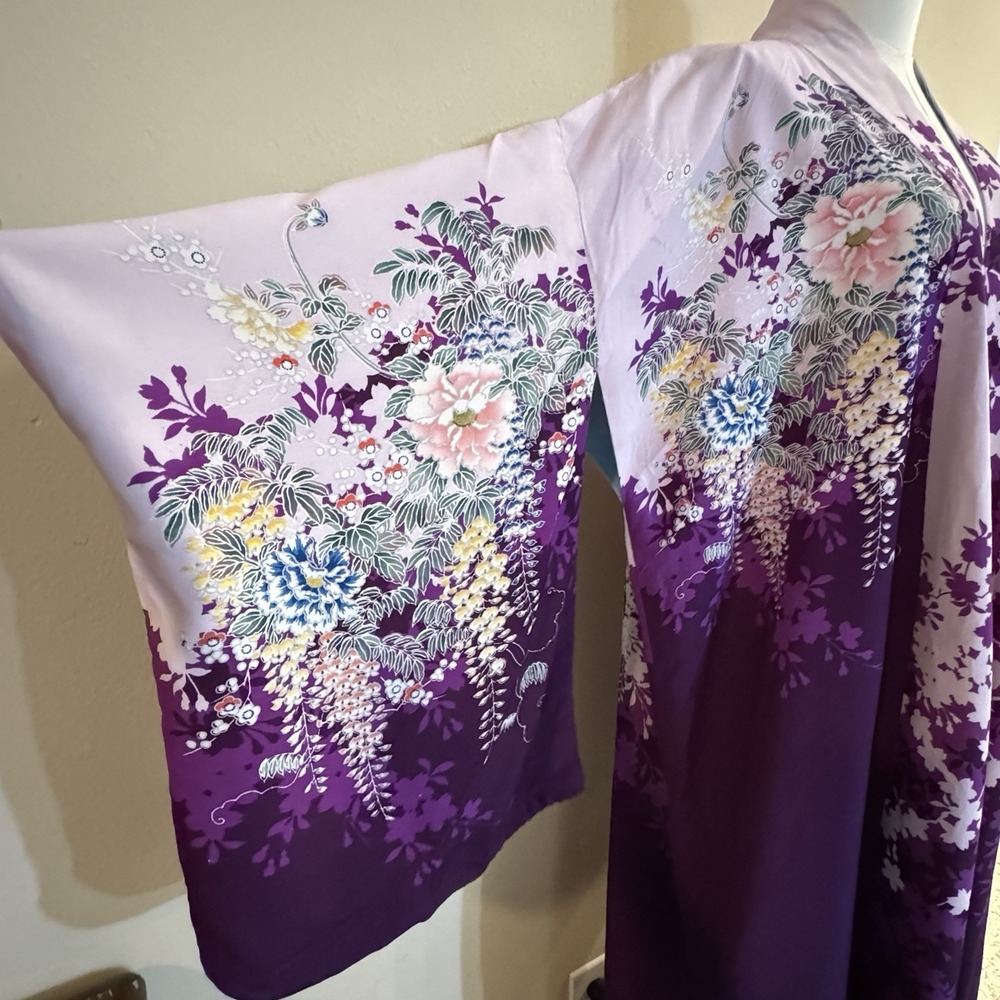 Vintage Reversible Japanese Rayon Kimono Robe Purple Floral Made Japan 1930s - Picture 6 of 16